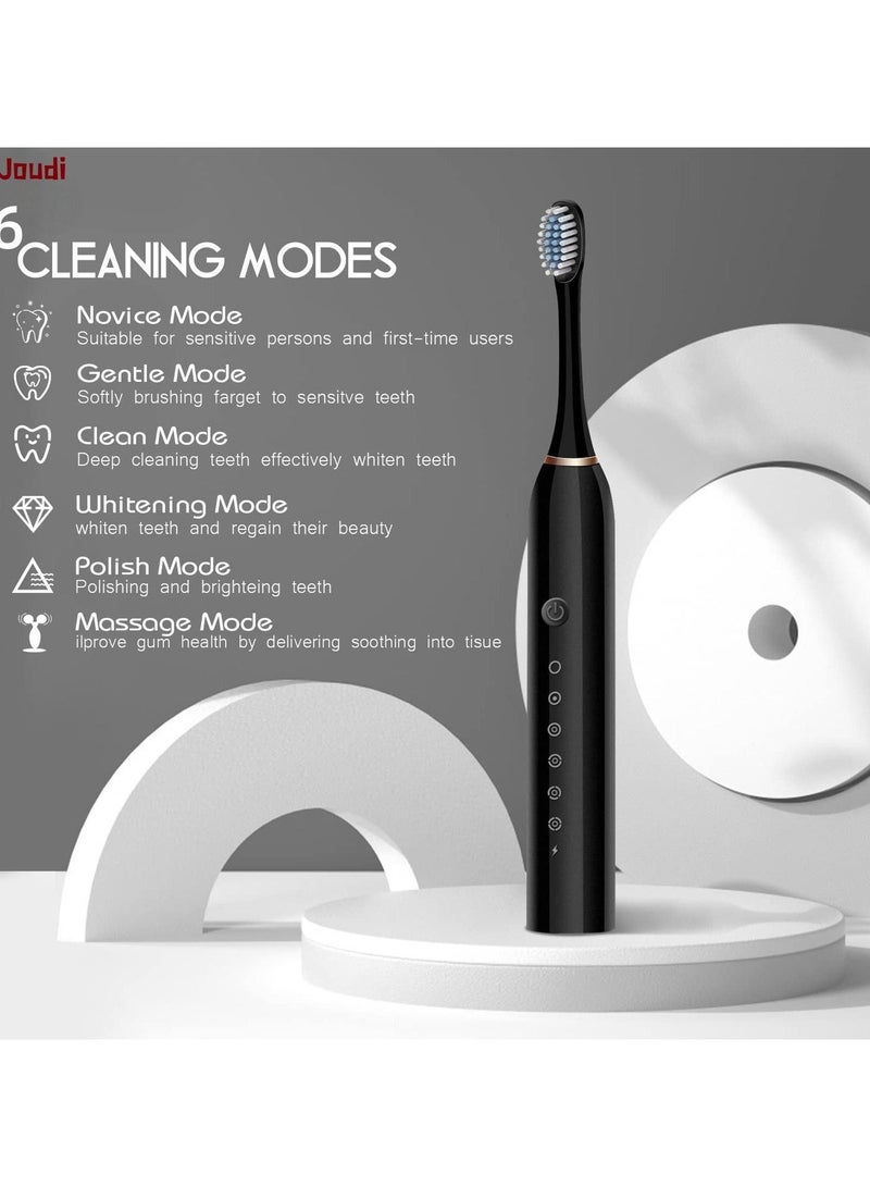 Joudi Electric Toothbrushes, USB Rechargeable Ultrasonic Tooth Brush with 4 Brush Heads 6 Cleaning Modes and Smart Timer IPX7 Waterproof Cleaning Toothbrushes for Adults and Kids（Black） - Image 3